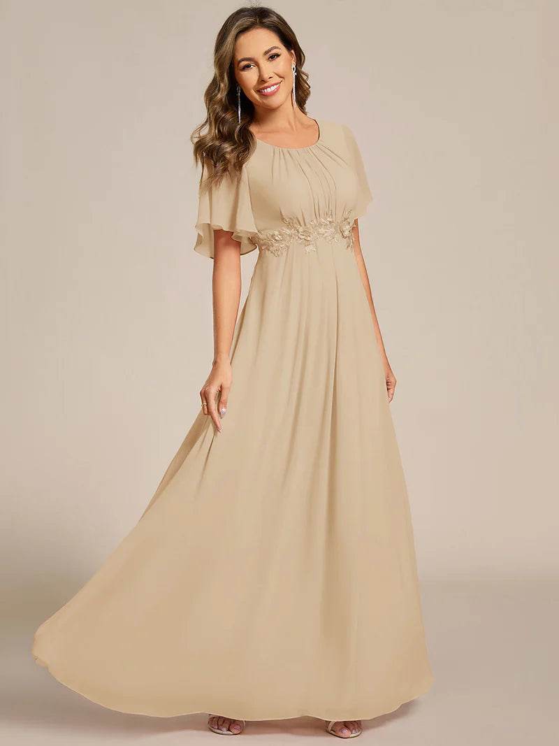 A-Line Floor-Length Evening Dress with Short Sleeves and Applique - Biamonde